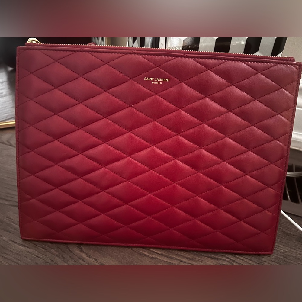 Brand new with tags quilted leather deep red Saint Laurent envelop bag.